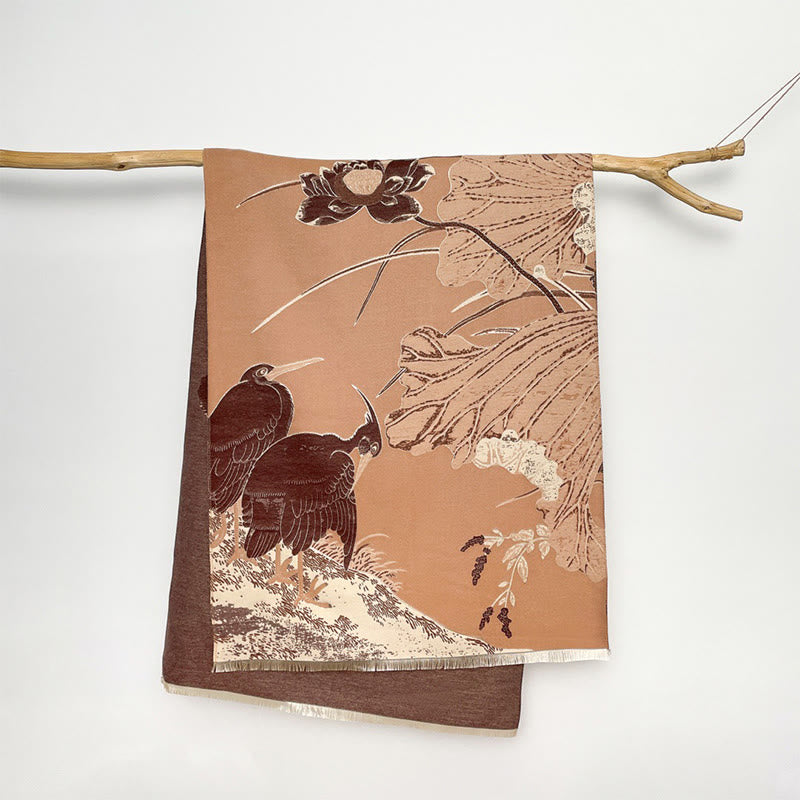 Buddha Stones Winter Stork Birds Lotus Flowers Leaves Pattern Soft Scarf Shawl - SandyBrown - 180*65cm - image 12