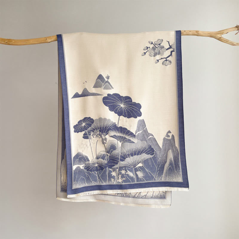 Buddha Stones Winter Mountain Lotus Flowers Leaves Pattern Soft Scarf Shawl - SteelBlue - 180*65cm - image 6