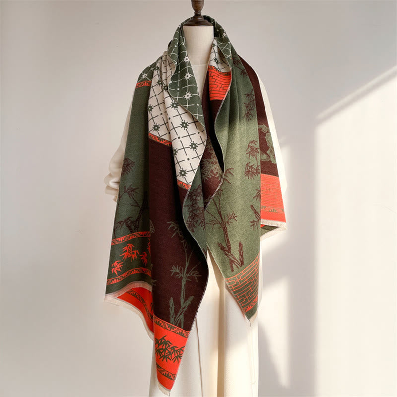 Buddha Stones Winter Bamboo Leaf Little Bird Pattern Cozy Scarf Shawl - DarkSeaGreen - 185*65cm - image 9