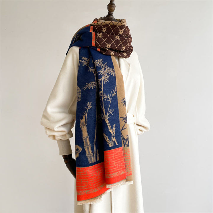 Buddha Stones Winter Bamboo Leaf Little Bird Pattern Cozy Scarf Shawl - image 4