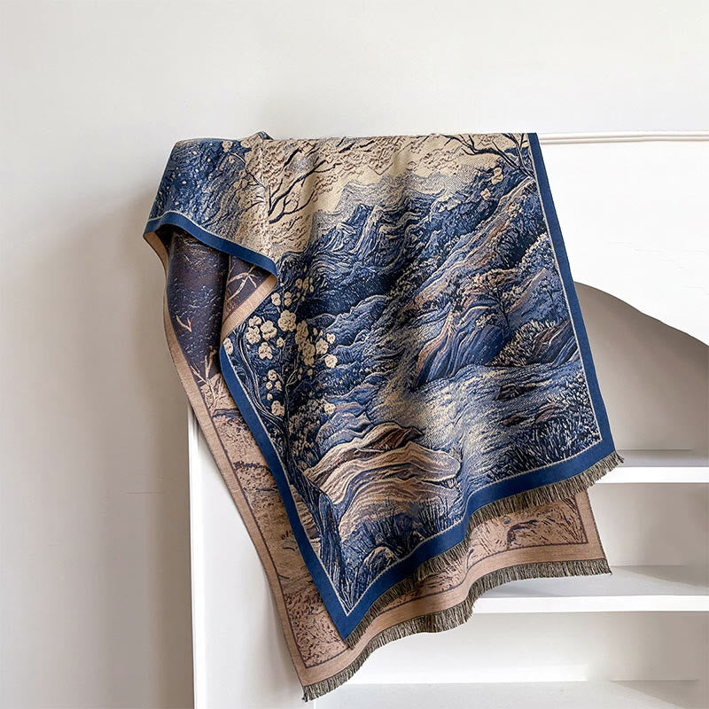 Buddha Stones Winter Gradient Color Warm Hills Trees Pattern Cozy Scarf Shawl - SteelBlue - 185*65cm - image 7