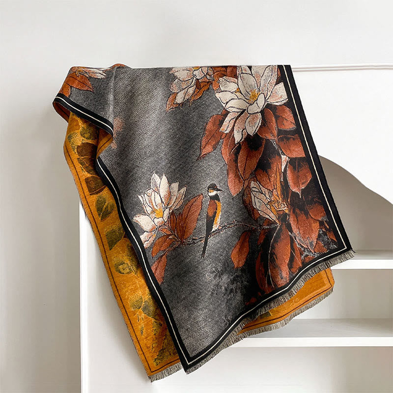 Buddha Stones Winter White Magnolia Flowers Little Bird Pattern Warm Cozy Scarf Shawl - Chocolate - 185*65cm - image 3