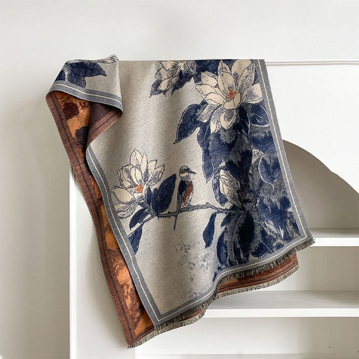 Buddha Stones Winter White Magnolia Flowers Little Bird Pattern Warm Cozy Scarf Shawl - SteelBlue - 185*65cm - image 11