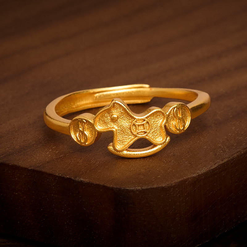 Buddha Stones Year Of The Horse 24k Gold Plated Brass Copper Coin Adjustable Ring - image 1