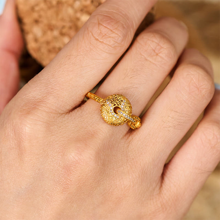 Buddha Stones 24k Gold Plated Brass Hollow Carved Design Peace Buckle Adjustable Fortune Ring - image 4