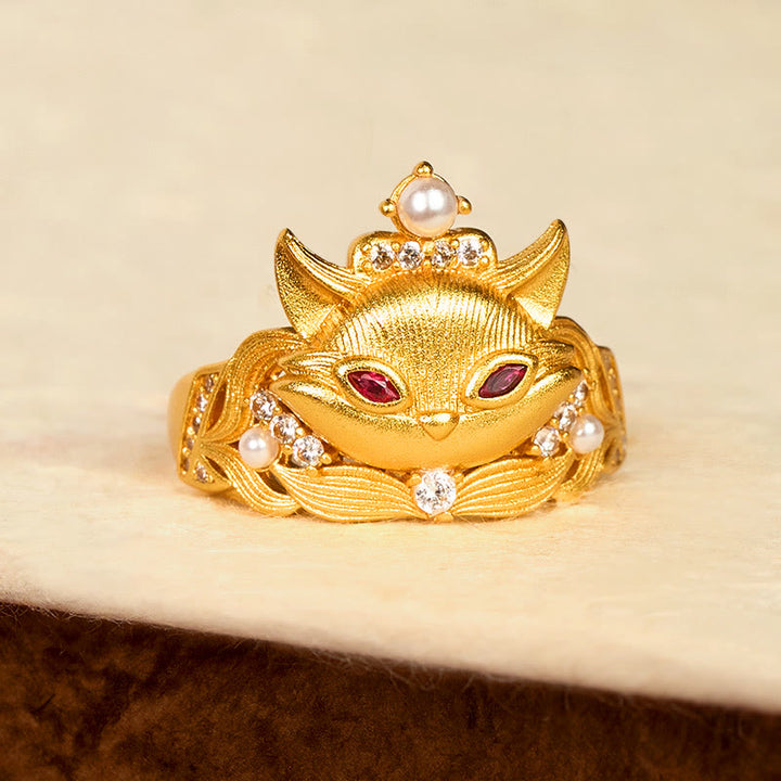 Buddha Stones Fox Head Design 24k Gold Plated Brass Adjustable Ring - image 2