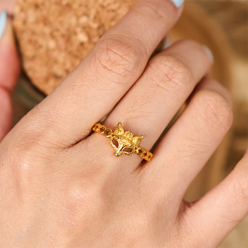 Buddha Stones 24k Gold Plated Brass Fox Coin Hollow Design Adjustable Ring - image 4