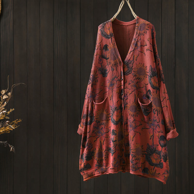 Buddha Stones Sunflower Mid-length Buttons Women's Long Sleeve Knitted Cardigan Sweater With Pockets - Red - US4-8/10，UK/AU8-12/14，EU36-40/42 (F) - image 12