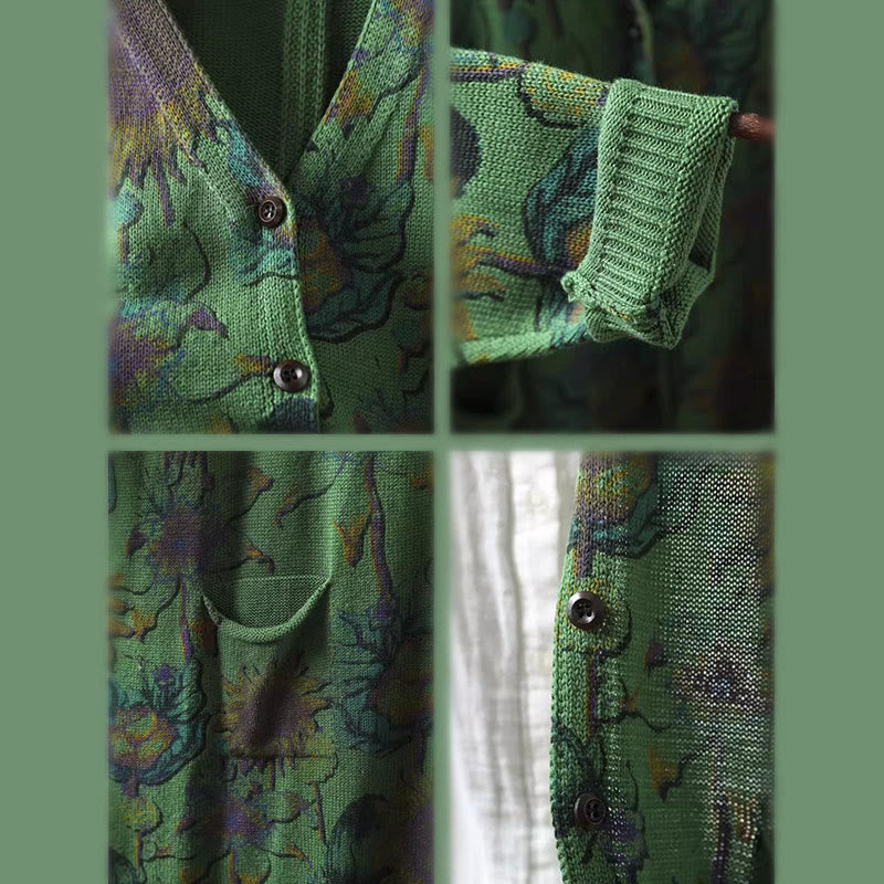 Buddha Stones Sunflower Mid-length Buttons Women's Long Sleeve Knitted Cardigan Sweater With Pockets - image 11