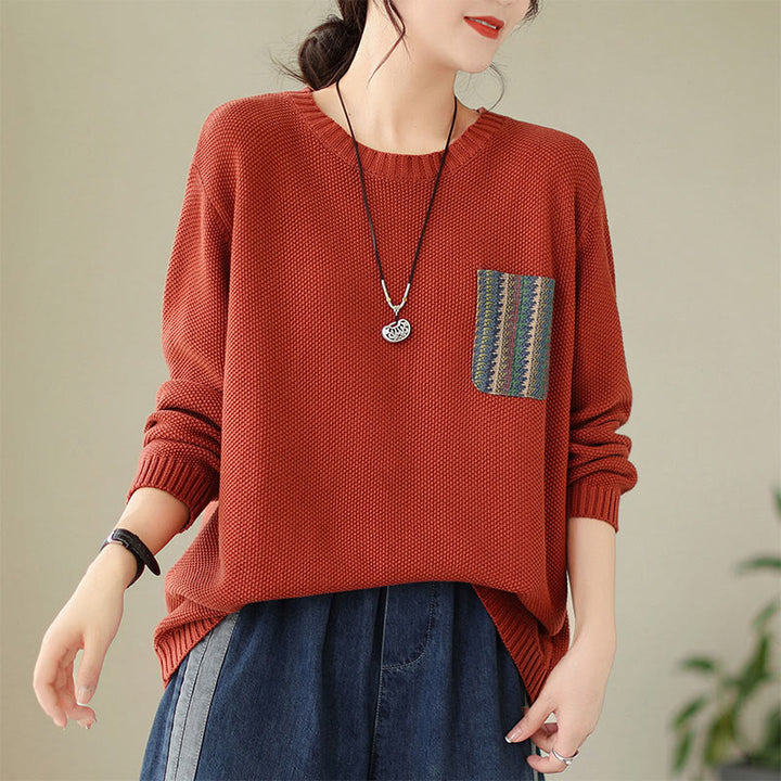 Buddha Stones Fall Floral Decorative Pocket Pattern Knitted Cotton Women's Long Sleeve Sweater - OrangeRed - US4-6，UK/AU8-10，EU36-38 (F) - image 9