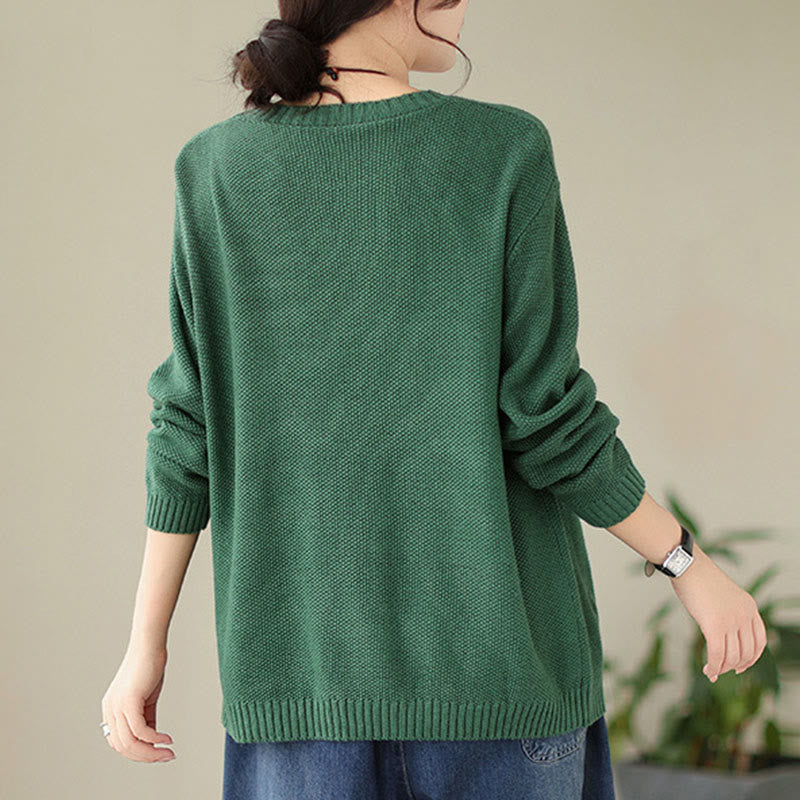 Buddha Stones Fall Floral Decorative Pocket Pattern Knitted Cotton Women's Long Sleeve Sweater - image 1