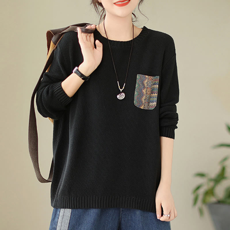 Buddha Stones Fall Floral Decorative Pocket Pattern Knitted Cotton Women's Long Sleeve Sweater - image 20