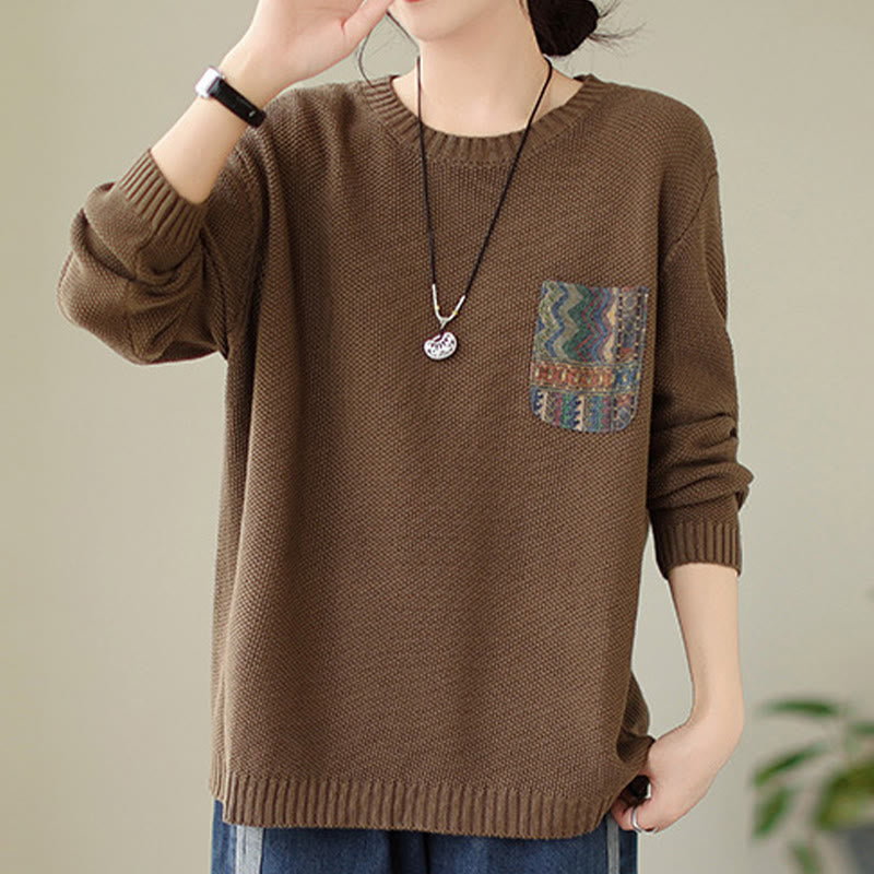 Buddha Stones Fall Floral Decorative Pocket Pattern Knitted Cotton Women's Long Sleeve Sweater - image 16