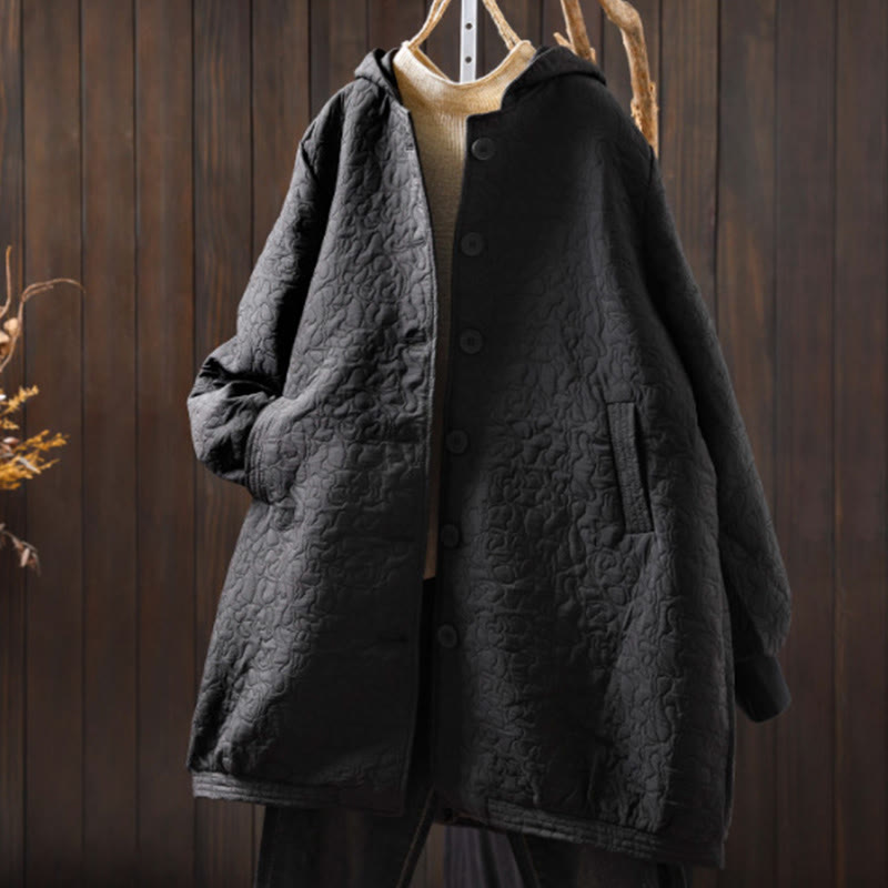 Buddha Stones Fall Buttons Long Sleeve Mid-length Jacquard Cotton Women's Jacket With Pockets - Black - US12，UK/AU16，EU44 (XL) - image 17