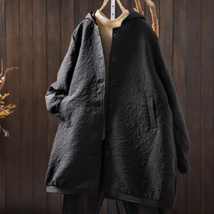 Buddha Stones Fall Buttons Long Sleeve Mid-length Jacquard Cotton Women's Jacket With Pockets - Black - US12，UK/AU16，EU44 (XL) - image 17