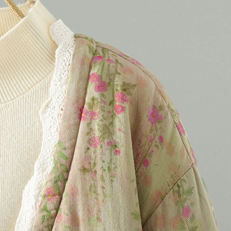 Buddha Stones Winter Lace Patchwork Long Sleeve Cotton Women's Thermal Jacket With Pockets - image 6