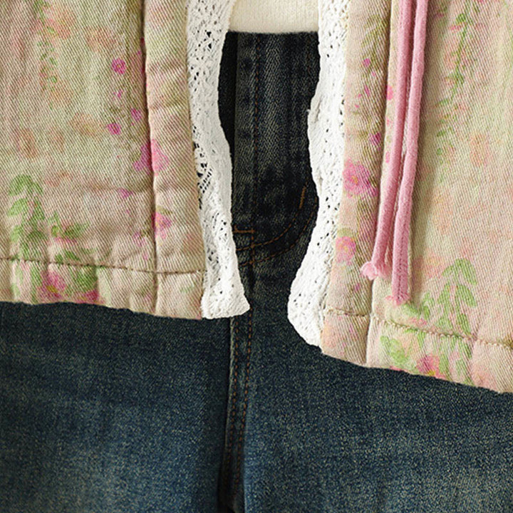 Buddha Stones Winter Lace Patchwork Long Sleeve Cotton Women's Thermal Jacket With Pockets - image 13