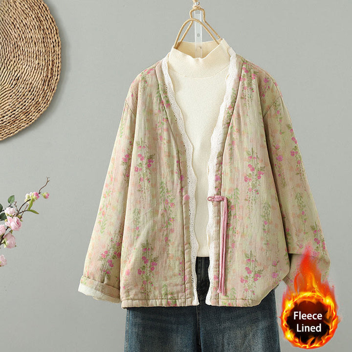 Buddha Stones Winter Lace Patchwork Long Sleeve Cotton Women's Thermal Jacket With Pockets - PaleGoldenrod - US14，UK/AU18，EU46 (2XL) - image 1