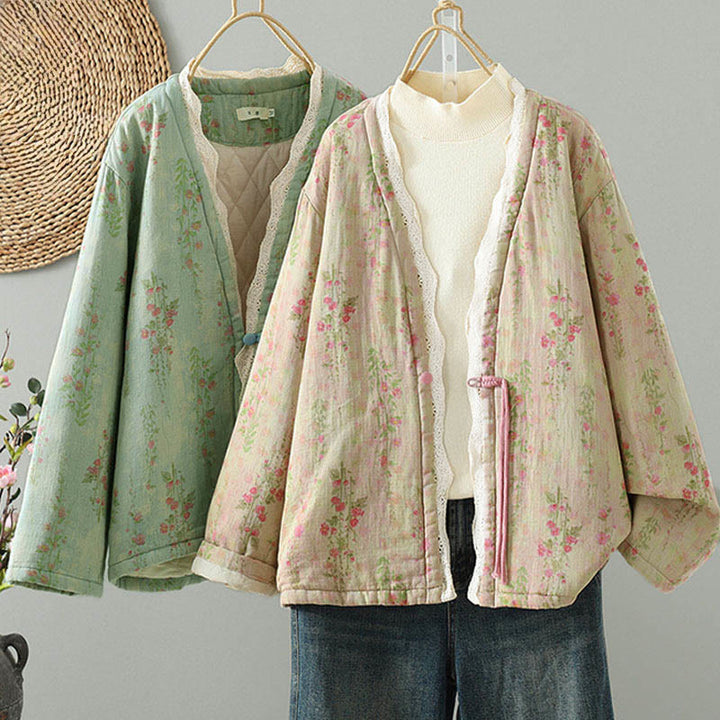 Buddha Stones Winter Lace Patchwork Long Sleeve Cotton Women's Thermal Jacket With Pockets - image 0