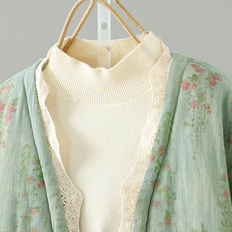 Buddha Stones Winter Lace Patchwork Long Sleeve Cotton Women's Thermal Jacket With Pockets - image 17