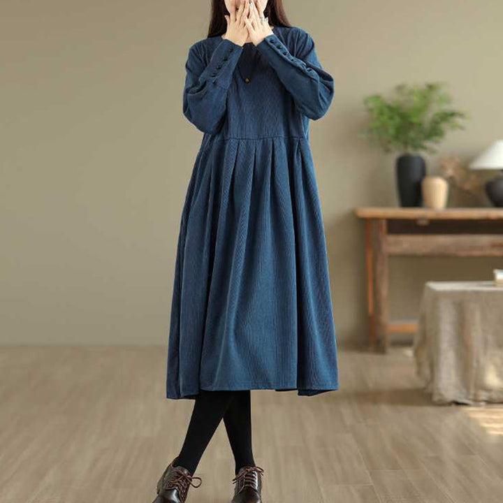 Buddha Stones Fall Plain DarkBlue Long Sleeve Corduroy Midi Dress With Pockets - image 7