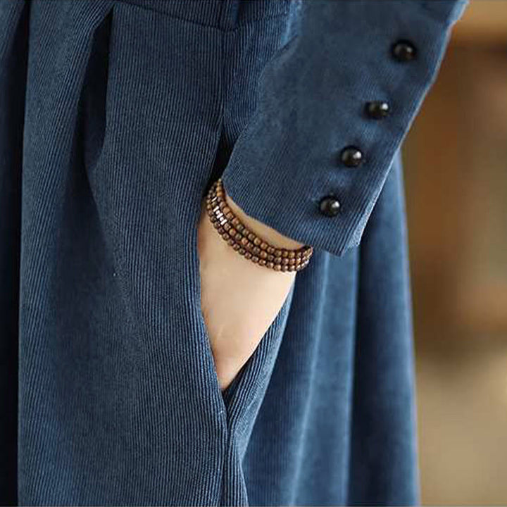 Buddha Stones Fall Plain DarkBlue Long Sleeve Corduroy Midi Dress With Pockets - image 11