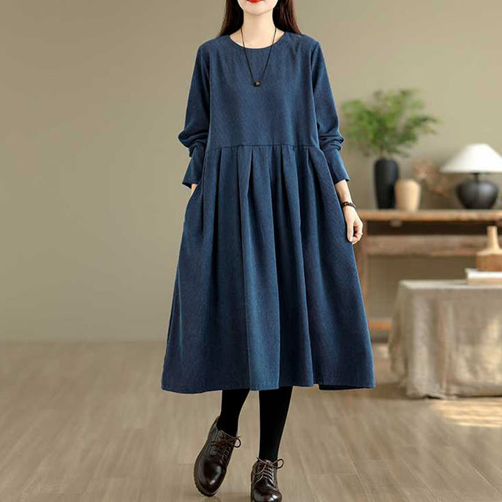 Buddha Stones Fall Plain DarkBlue Long Sleeve Corduroy Midi Dress With Pockets - image 3