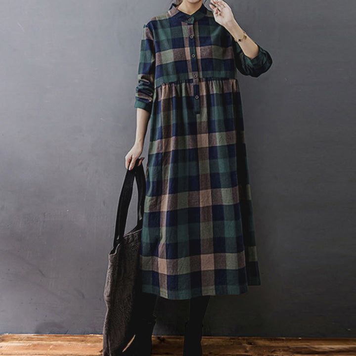 Buddha Stones Commute Patchwork Color Plaid Long Sleeve Cotton Midi Dress - image 2