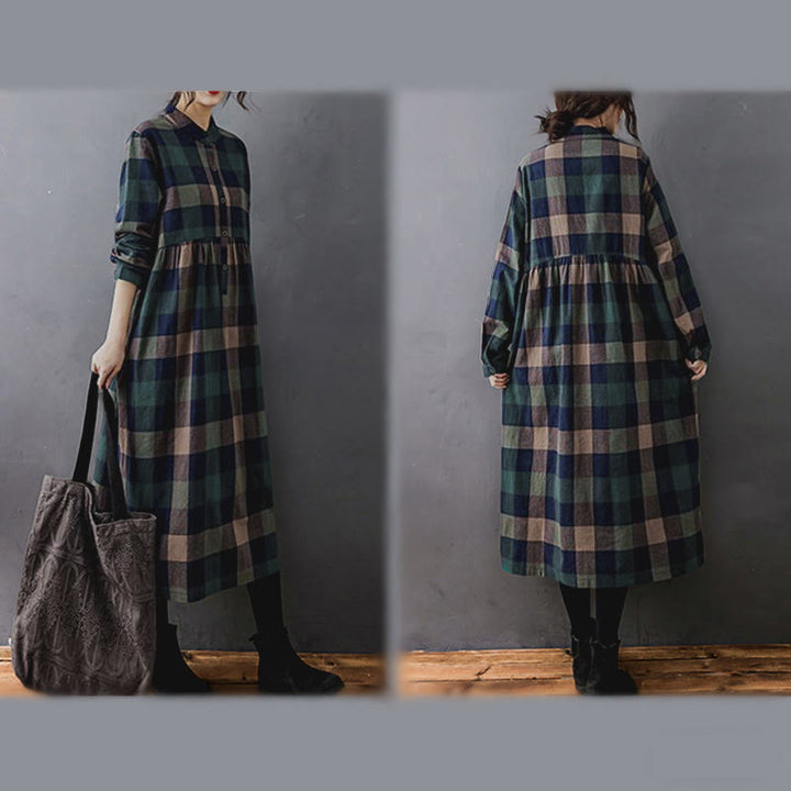 Buddha Stones Commute Patchwork Color Plaid Long Sleeve Cotton Midi Dress - image 4