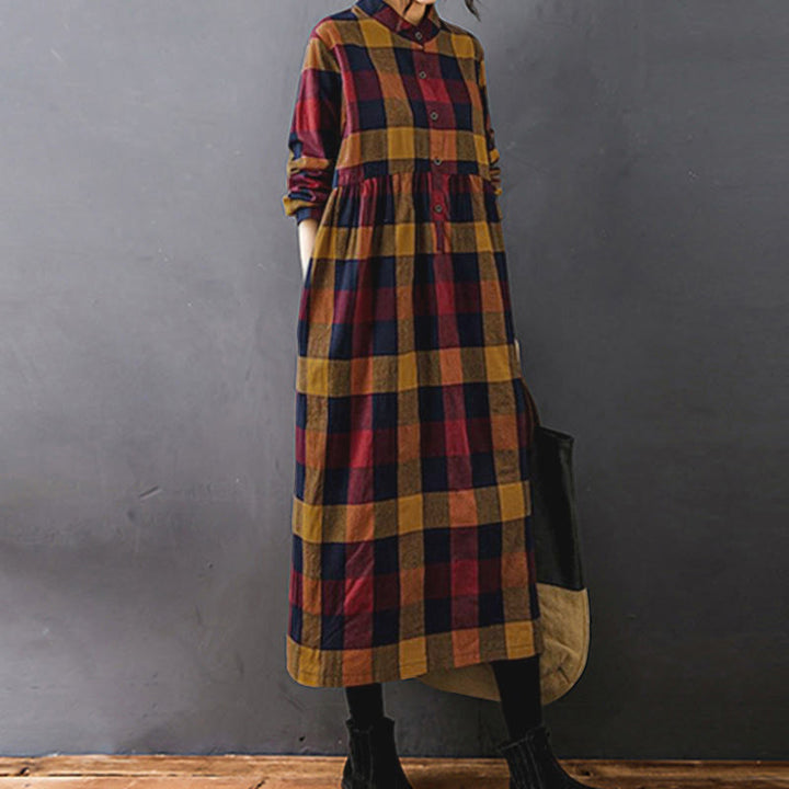 Buddha Stones Commute Patchwork Color Plaid Long Sleeve Midi Dress - image 18