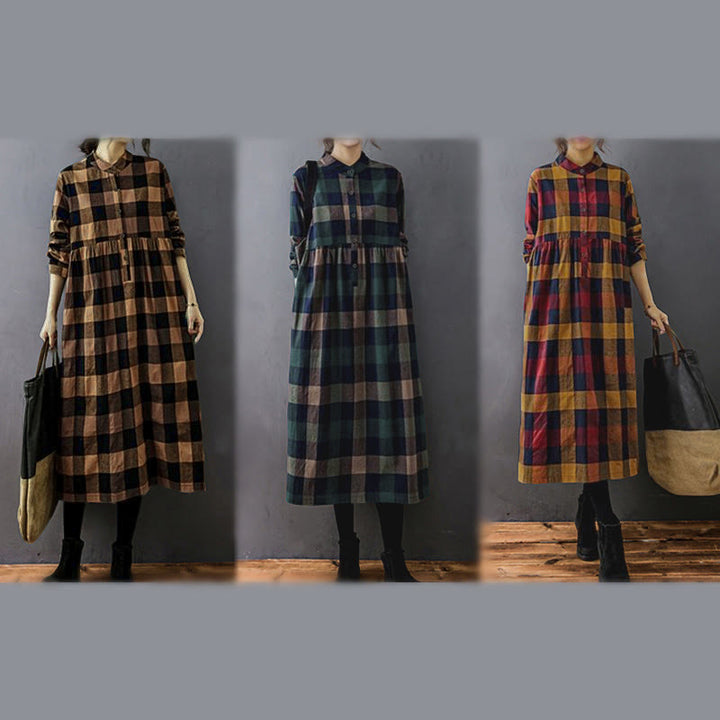 Buddha Stones Commute Patchwork Color Plaid Long Sleeve Midi Dress - image 22