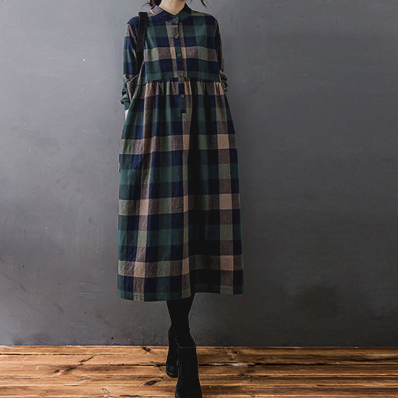 Buddha Stones Commute Patchwork Color Plaid Long Sleeve Midi Dress - image 3