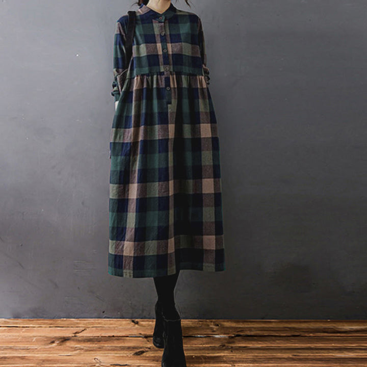 Buddha Stones Commute Patchwork Color Plaid Long Sleeve Cotton Midi Dress - image 3