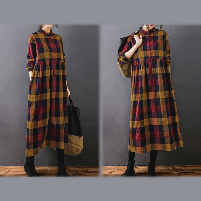 Buddha Stones Commute Patchwork Color Plaid Long Sleeve Cotton Midi Dress - image 19