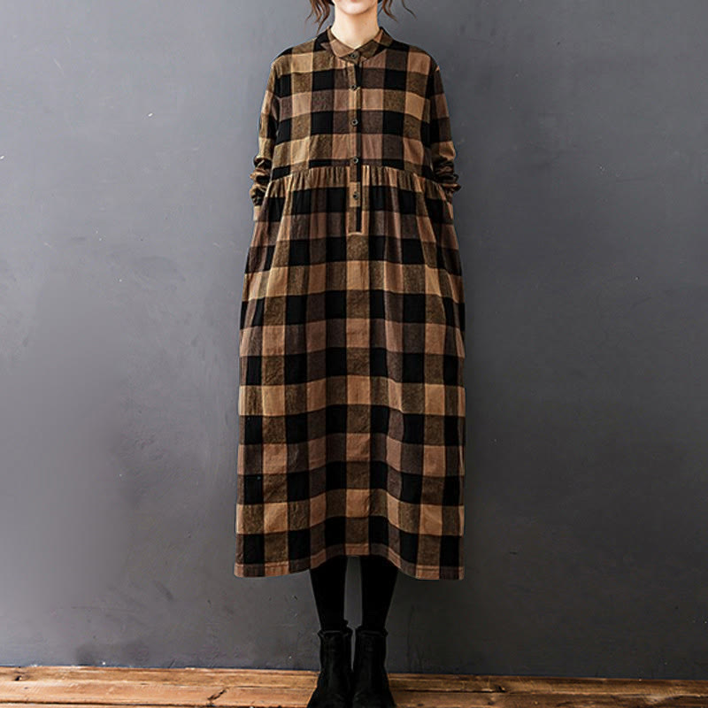 Buddha Stones Commute Patchwork Color Plaid Long Sleeve Midi Dress - Black SandyBrown Plaid - US8-10，UK/AU12-14，EU40-42 (2XL) - image 6