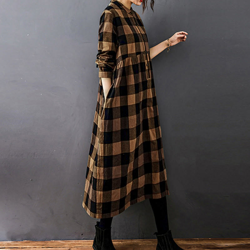 Buddha Stones Commute Patchwork Color Plaid Long Sleeve Midi Dress - image 8