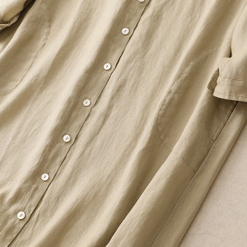 Buddha Stones Fall Commute Plain Buttons Design Long Sleeve Cotton Midi Dress With Pockets - image 13