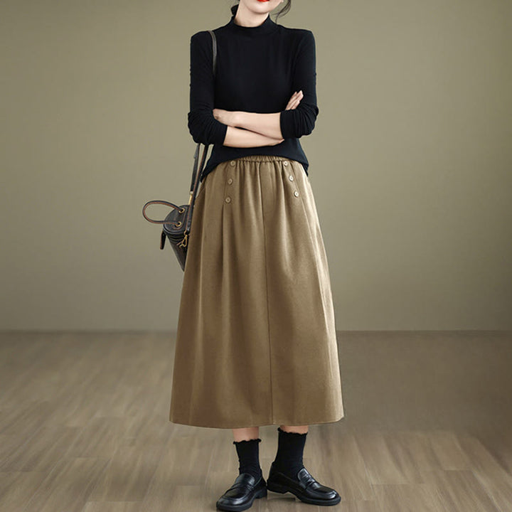 Buddha Stones Women's Winter Pure Color Cotton 7-8 Length Elastic Waistband Skirt With Pockets - image 11