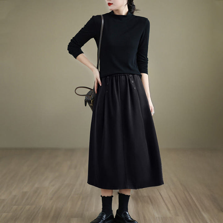 Buddha Stones Women's Winter Pure Color Cotton 7-8 Length Elastic Waistband Skirt With Pockets - image 14