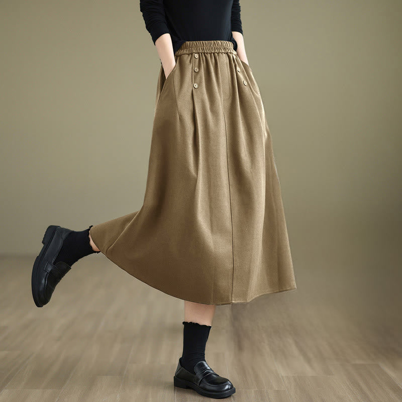 Buddha Stones Women's Winter Pure Color Cotton 7-8 Length Elastic Waistband Skirt With Pockets - DarkKhaki - US8-10，UK/AU12-14，EU40-42 (2XL) - image 10