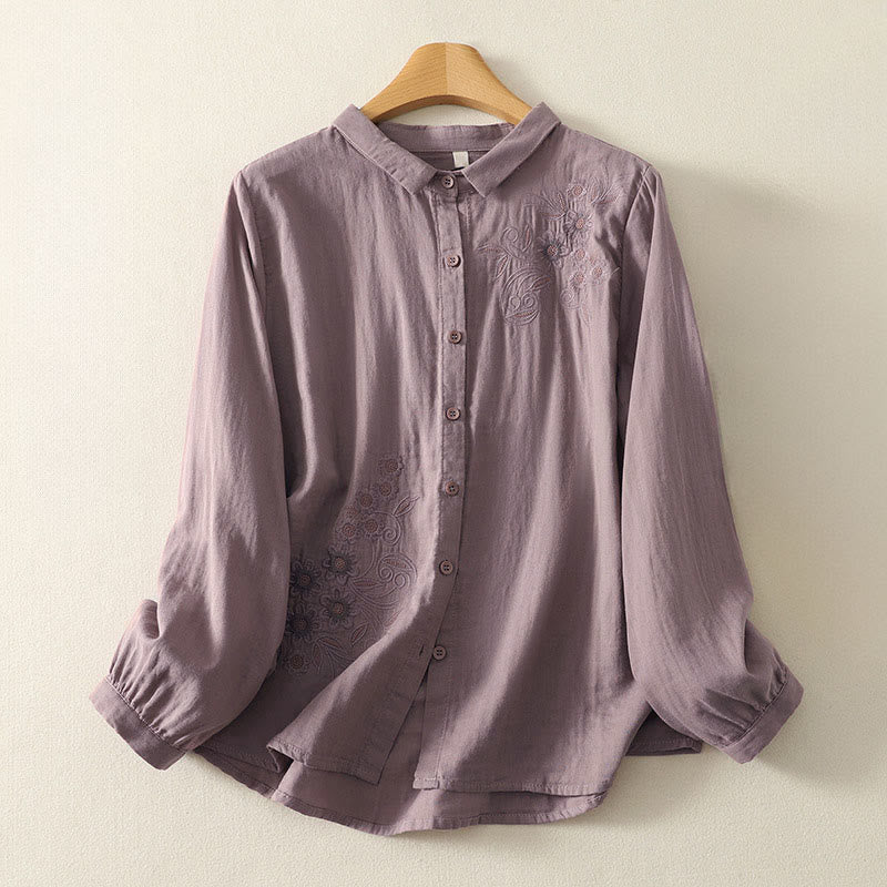 Buddha Stones Embroidered Flower Vine Pattern Long Sleeve Women's Lapel Shirt - RosyBrown - US8-10，UK/AU12-14，EU40-42 (2XL) - image 17