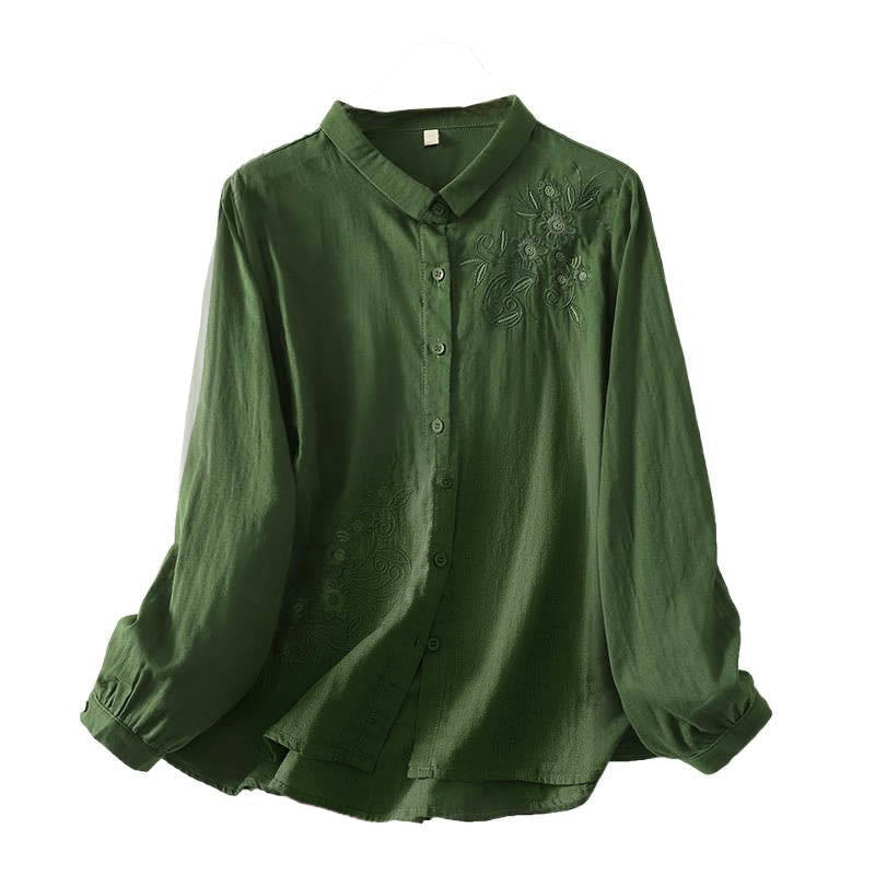 Buddha Stones Embroidered Flower Vine Pattern Long Sleeve Women's Lapel Shirt - image 6