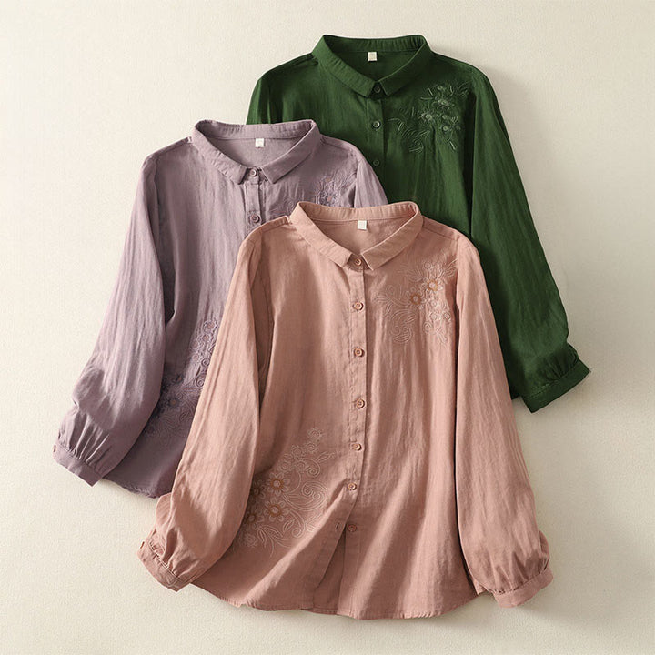 Buddha Stones Embroidered Flower Vine Pattern Long Sleeve Women's Lapel Shirt - image 0