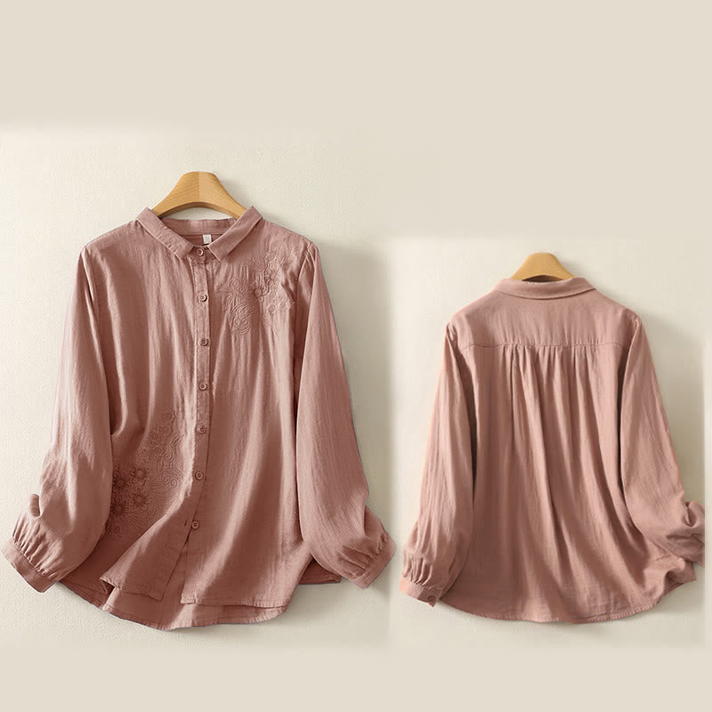 Buddha Stones Embroidered Flower Vine Pattern Long Sleeve Women's Lapel Shirt - image 16