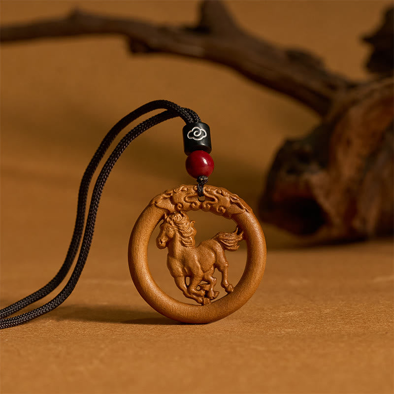 Buddha Stones Peach Wood  Chinese Zodiac Year Of The Horse  Ward Off Evil Spirits Necklace Pendants - image 1