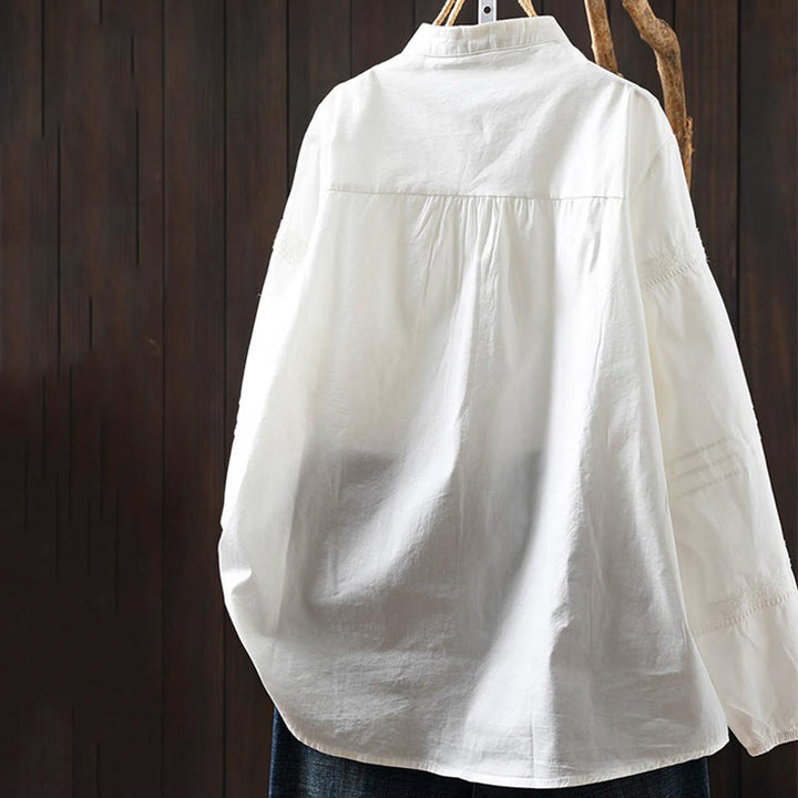 Buddha Stones Fall White Accordion Pleat Design Buttons Women's Cotton Long Sleeve Shirt - image 1