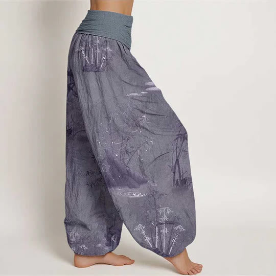 Buddha Stones Cotton Casual Bamboo Rock Ink Painting Women's Elastic Waist Harem Pants - image 1