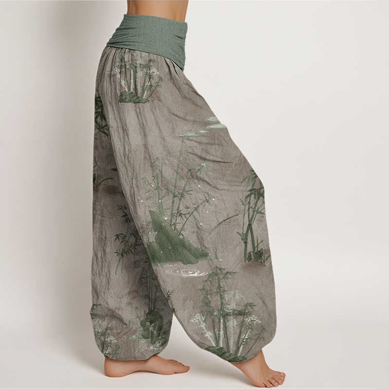 Buddha Stones Cotton Casual Bamboo Rock Ink Painting Women's Elastic Waist Harem Pants - image 5