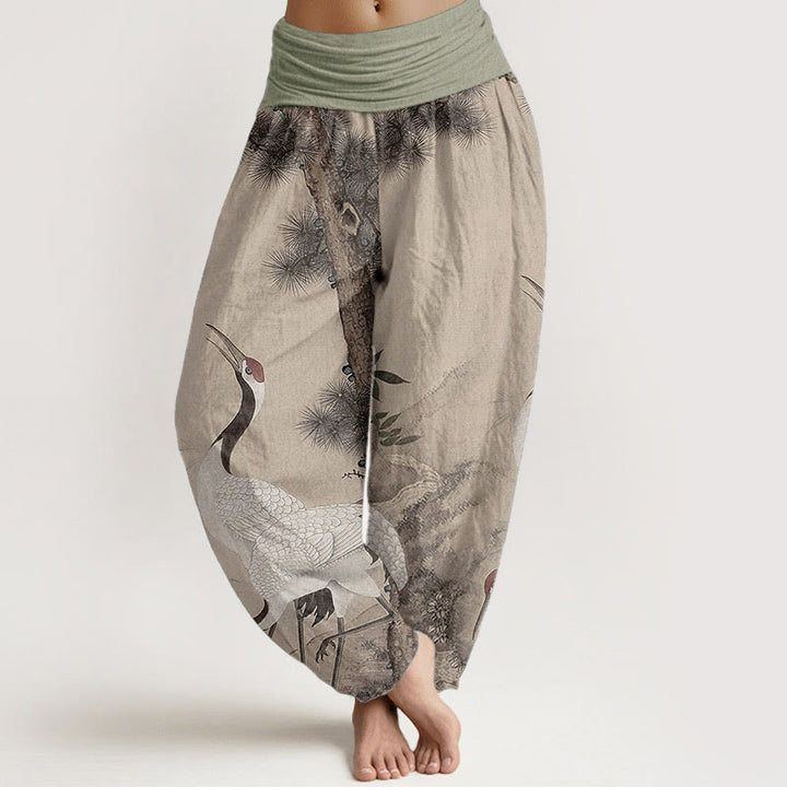 Buddha Stones Cotton Casual Red-crowned Crane Pine Tree Mountain Women's Elastic Waist Harem Pants - Wheat - US22，UK/AU26，EU54 (6XL) - image 0