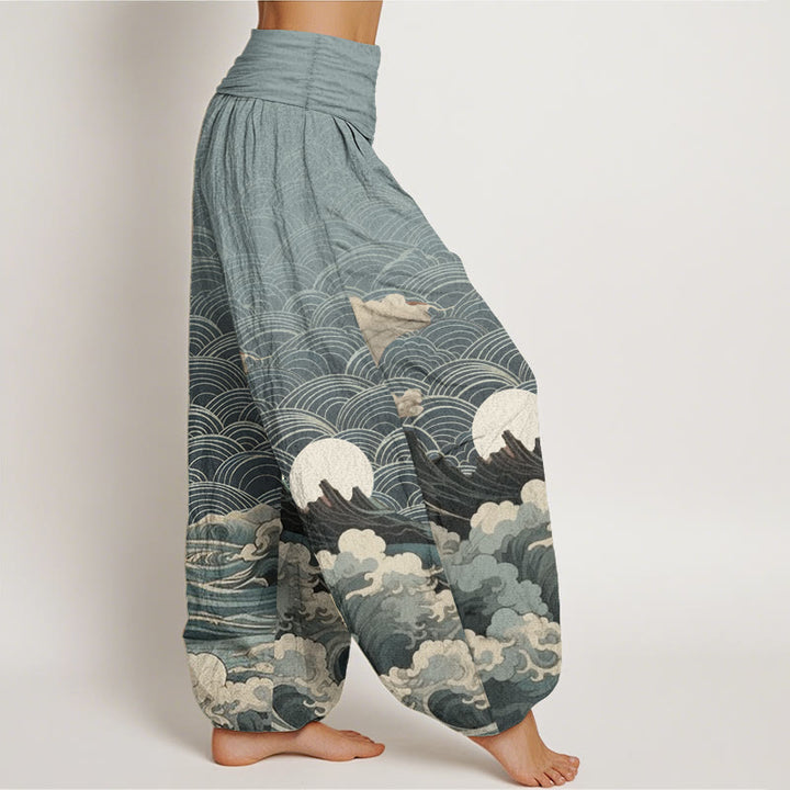 Buddha Stones Cotton Casual Wave Moon Mountain Pattern Women's Elastic Waist Harem Pants - image 6